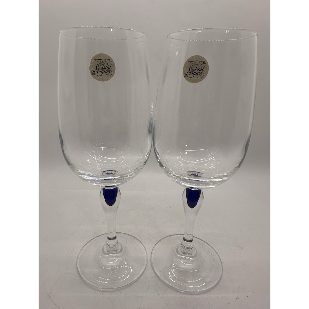 Pair Cristal d'Arques Courvoisier Blue Stem‎ Lead Crystal Wine Glasses France